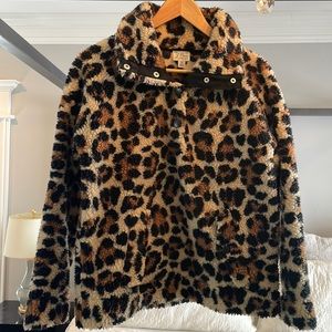Jcrew leopard print vintage fleece snap front pullover